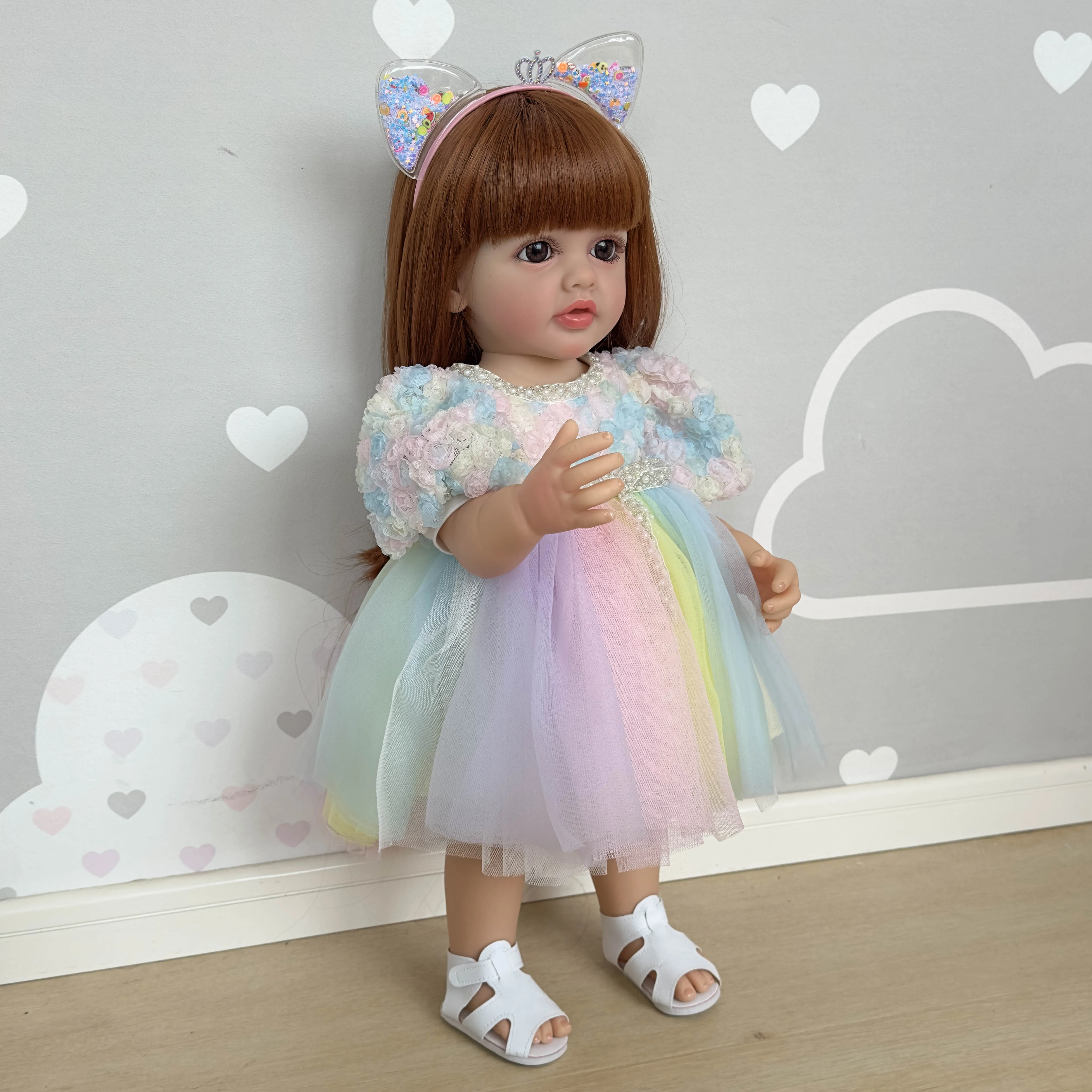 NPK 22inch Newborn Soft Silicone Vinyl Reborn Toddler Girl Doll Princess Betty with Long Brwon wig Hair 3