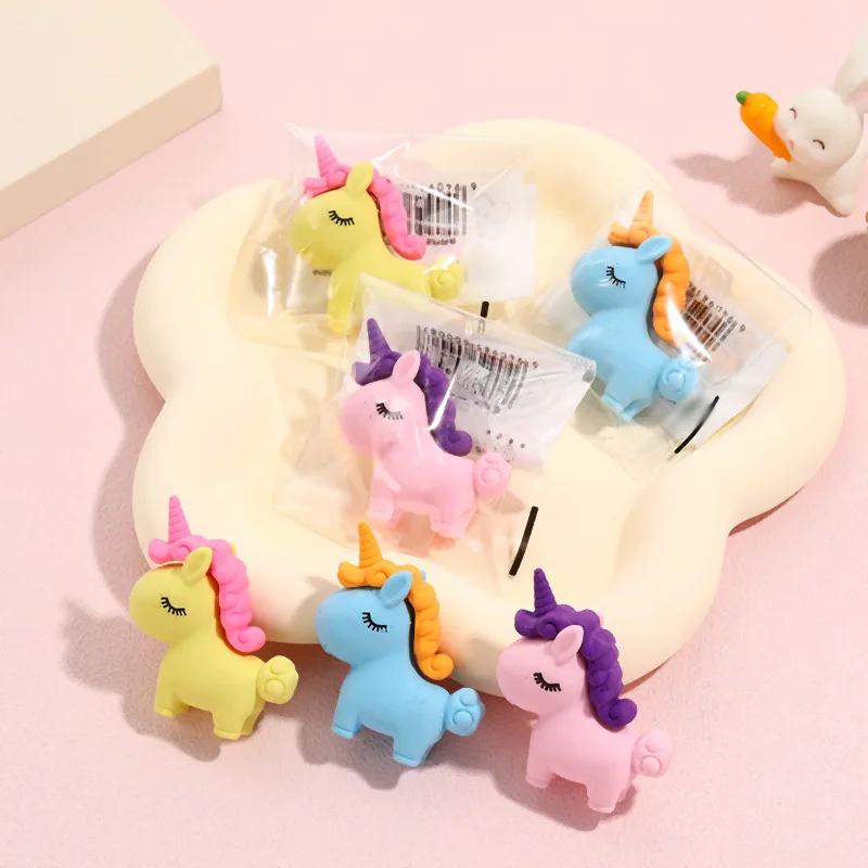 3Pcs/Lot Cute Cartoon Unicorn Eraser Kawaii 3D Pony Detachable Pencil Eraser Rubber For Kids School Student Stationery Gifts 6