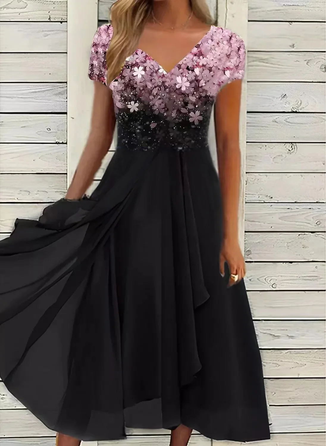 Fashionable casual chiffon women’s dress with short sleeves and V-neck, knee-length summer style – CyberStreetOne pink black
