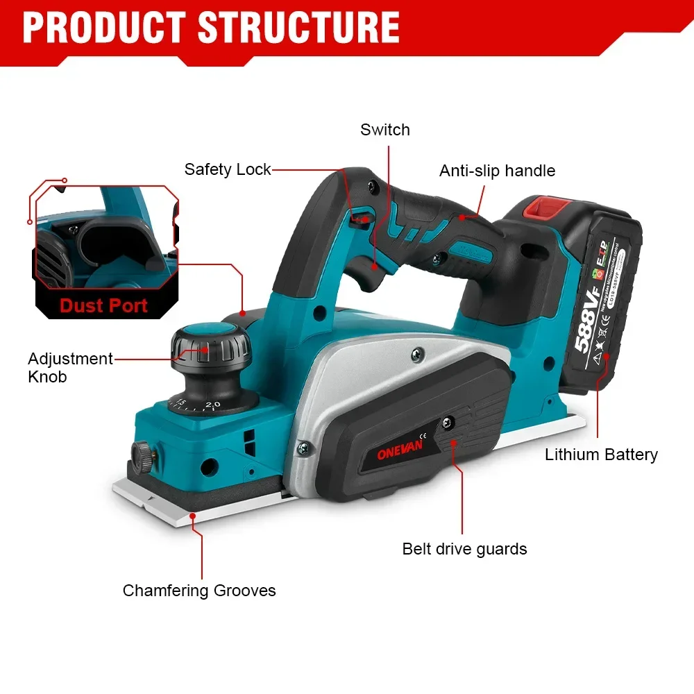 ONEVAN 30000RPM Brushless Electric Planer Cordless DIY Furniture Cutting Tool Power Planer Woodworking For Makita 18v Battery 3