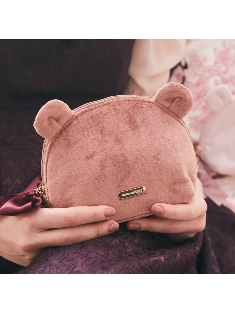 Lolita Japanese Style Makeup Pouch Furry Bear Face Bow Autumn Winter Cosmetic Bag Sweet Cute Makeup Case for Women