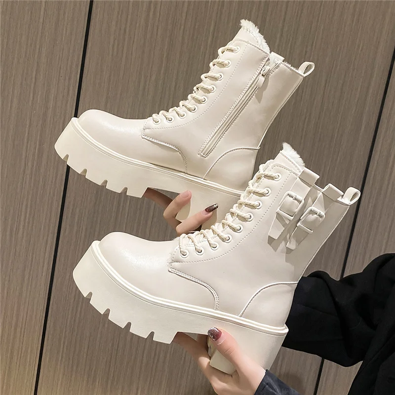 

Женские ботинки на плоской подошве, зимние ботинки с круглым носком, из искусственного меха