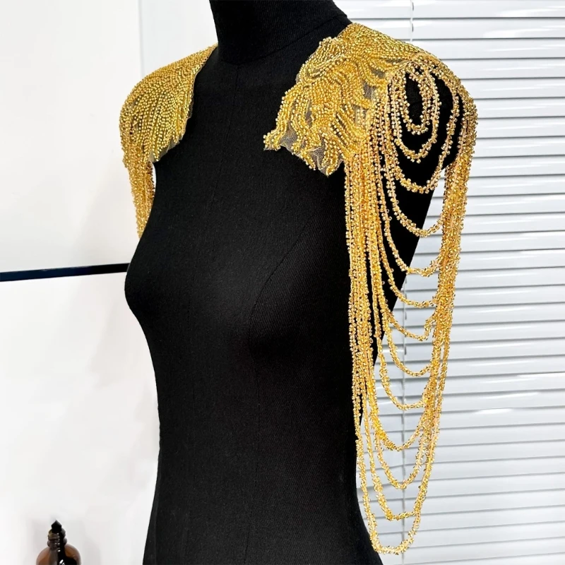 Handmade Detachable Tassels Chain Epaulettes Beads Punk Fringed Shoulder Board Badge Epaulet for Party Wear and Special Occasion