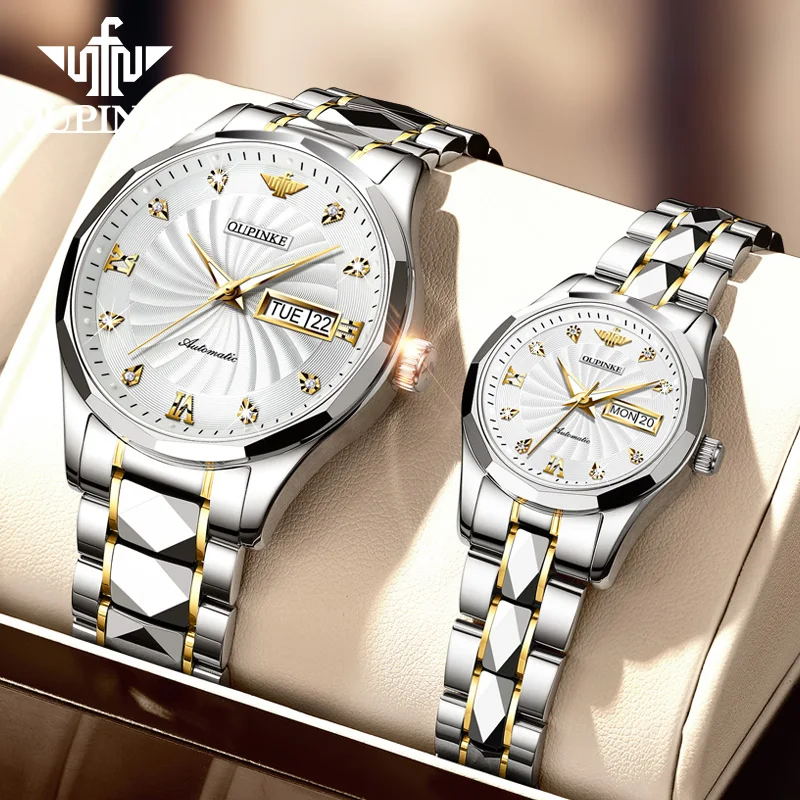 OUPINKE 3169 Couple Watches for Men Women Dual Calendar Display Deep Waterproof Tungsten steel Strap Mechanical Lover Watch NEW