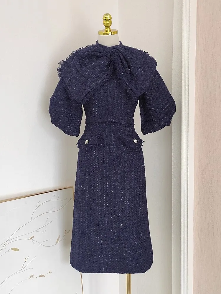 Navy Blue Tweed Dress Women Vintage Autumn Winter Puff Sleeve Elegant  Bodycon Dress Female High Waisted Runway Design Clothing - AliExpress