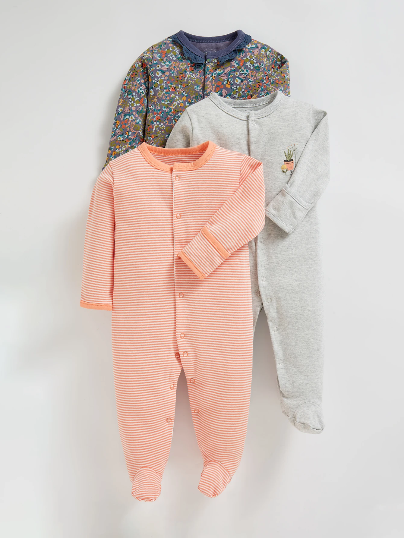 3PCS Girls Cotton Floral Print Romper Set Long Sleeve Jumpsuit with feet 0-12 Months Soft Baby Clothes Multi-Color Combos