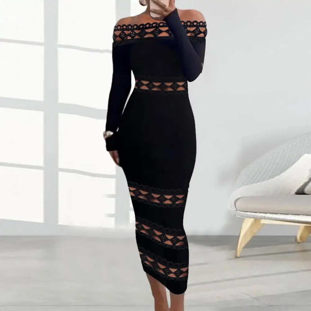 

Soft Midi Dress Elegant Women's Off Shoulder Evening Dress with Rhombus Patchwork Slim Fit Long Sleeve Mid-calf Length Lace