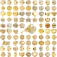 Gold Sparkling Hearts Clip Flowers Family Tree Star Love You Charm Beads Fit Original 925 Silver Bracelet DIY Women Jewelry Gift 1
