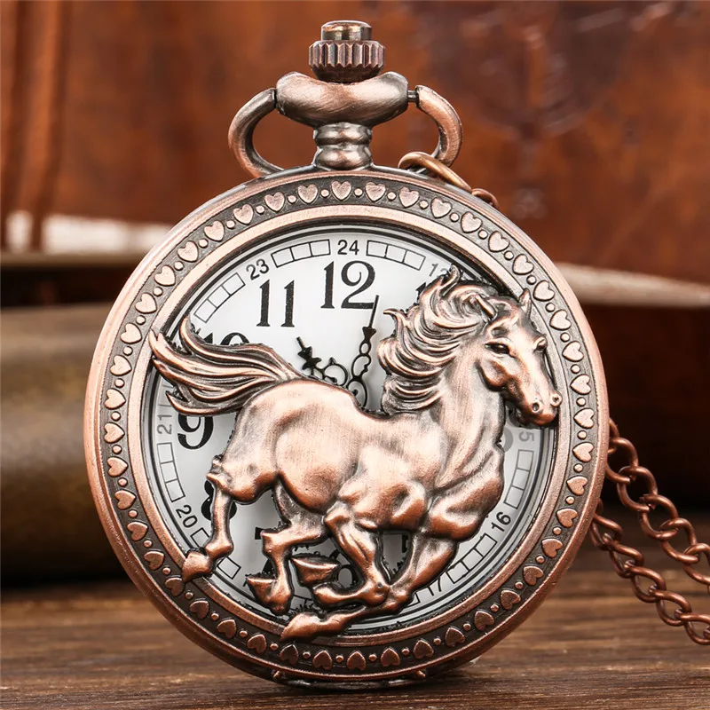 

Vintage Style Hollow Animal Horse Design Men Women Quartz Analog Pocket Watch Necklace Pendant Chain Collectable Clock Reloj