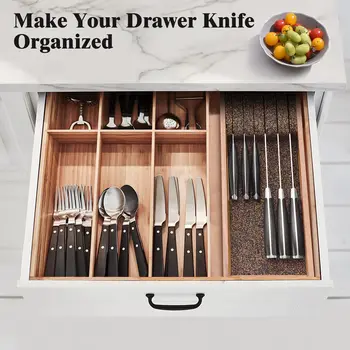 Knife Drawer Organizer Insert, In Drawer Knife Block,Wood Knife Holder with Cork Dividers For Kitchen Chef Steak Knife Storage