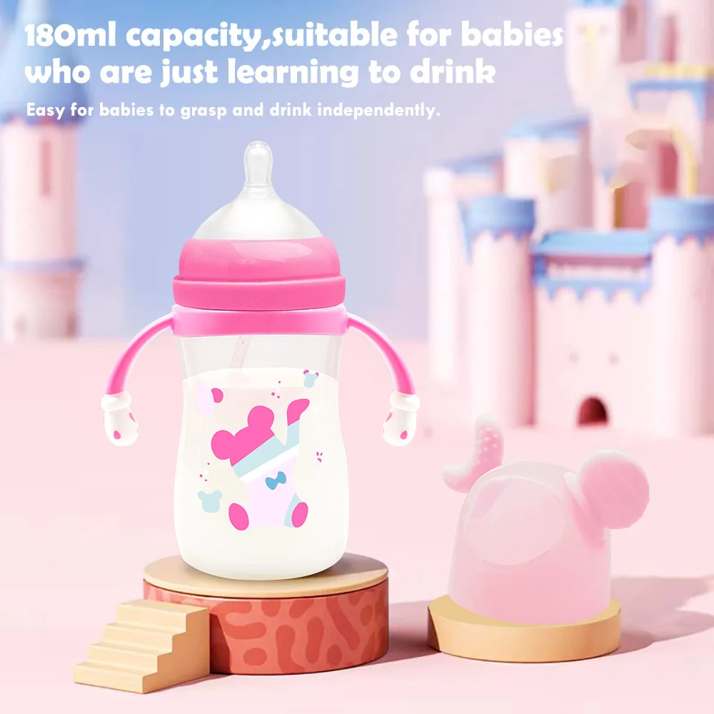 180ml Bear Moon feeding bottle with handle, gravity ball straw, 0-36 months baby feeding bottle, food grade PP , BPA free 2