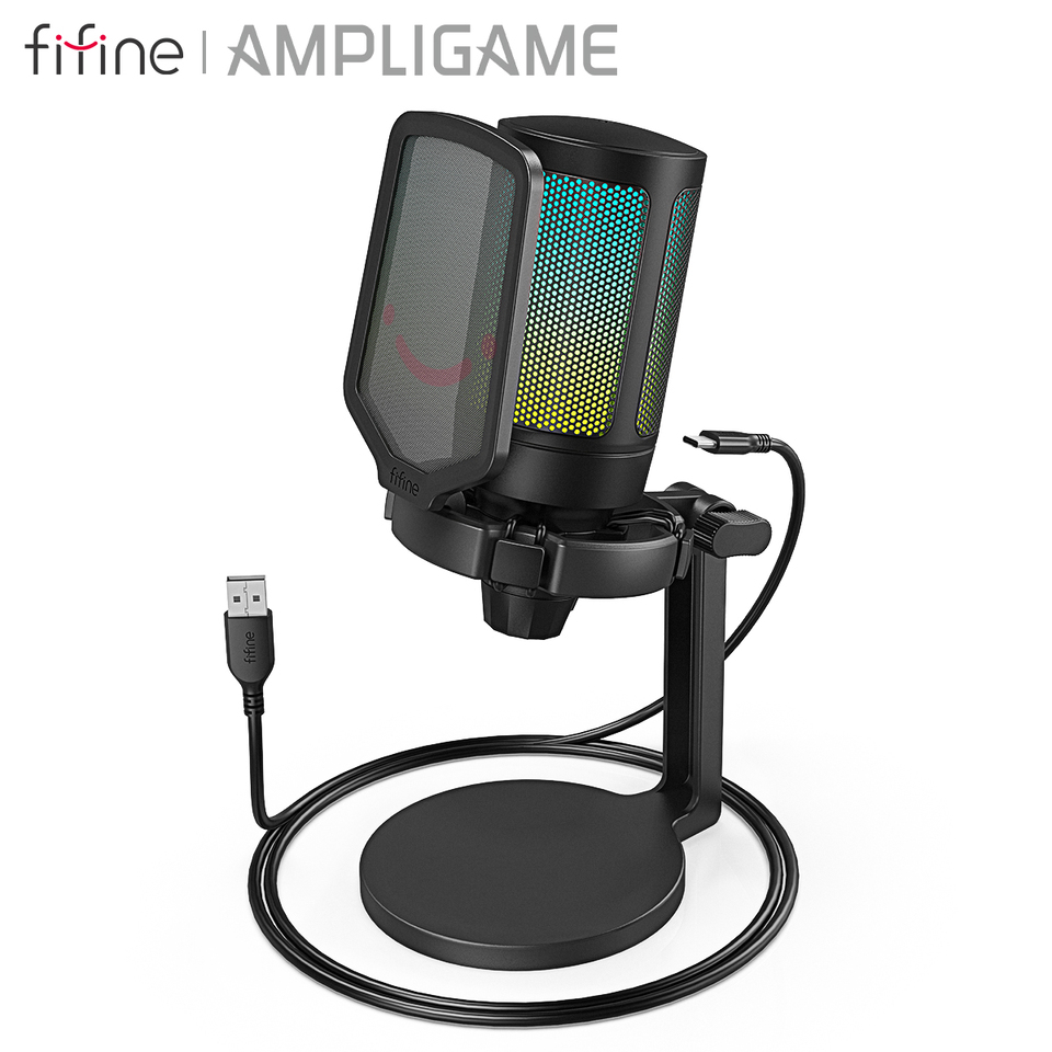AmpliGame by FIFINE USB Gaming Microphone with RGB,Gain Knob,Touch Mute,Streaming Podcast Condenser Mic for PC,Switch,PS5-A6NEO