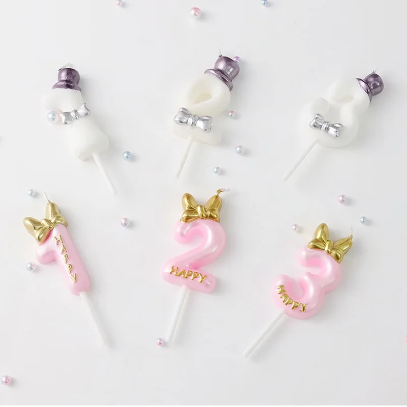 귀여운 생일 케이크 양초, 어린이 성인 웨딩 크리스마스 파티 왕관 촛불 케이크 장식, 핑크 흰색, 번호 0-9, 1 개