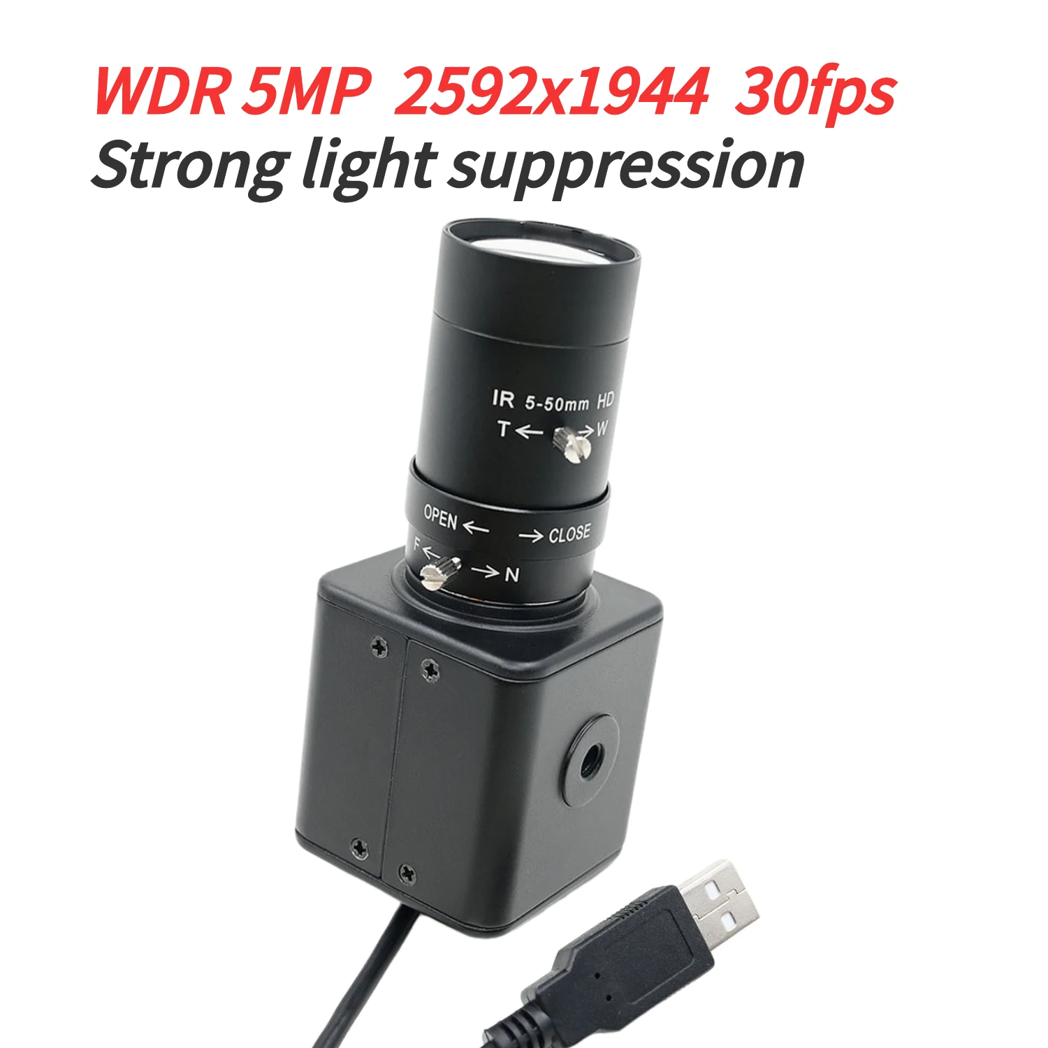 WDR Wide Dynamic 5MP USB Box Camera  For Video Teaching Meeting 2592x1944 30fps With 5-50mm Varifocal CS Lens Plug And Play benq dvy21 web camera medium small meeting room 1080p fix glass lens h87° v 55° d88° viewing angles 1080p 30fps echo cancellation 0 5 lux low