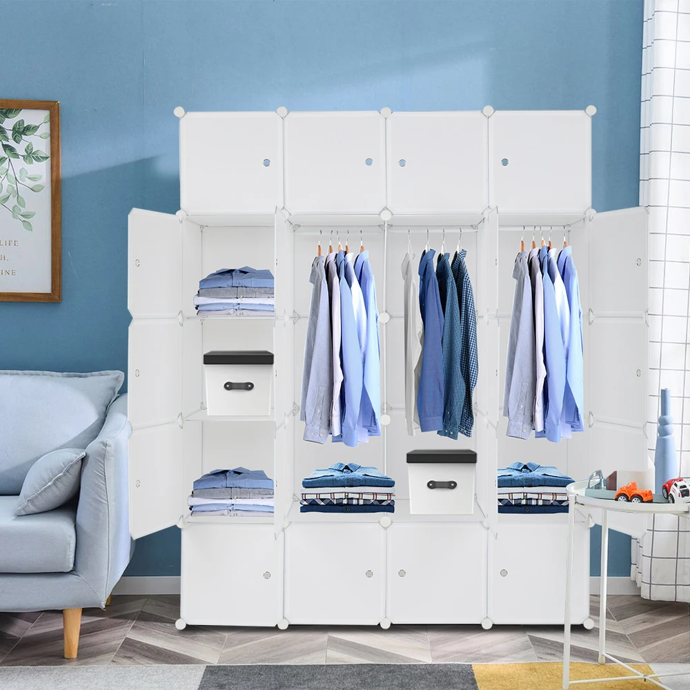 

20 Cube Organizer Stackable Plastic Cube Storage Shelves Design Multifunctional Modular Closet Cabinet with Hanging Rod White