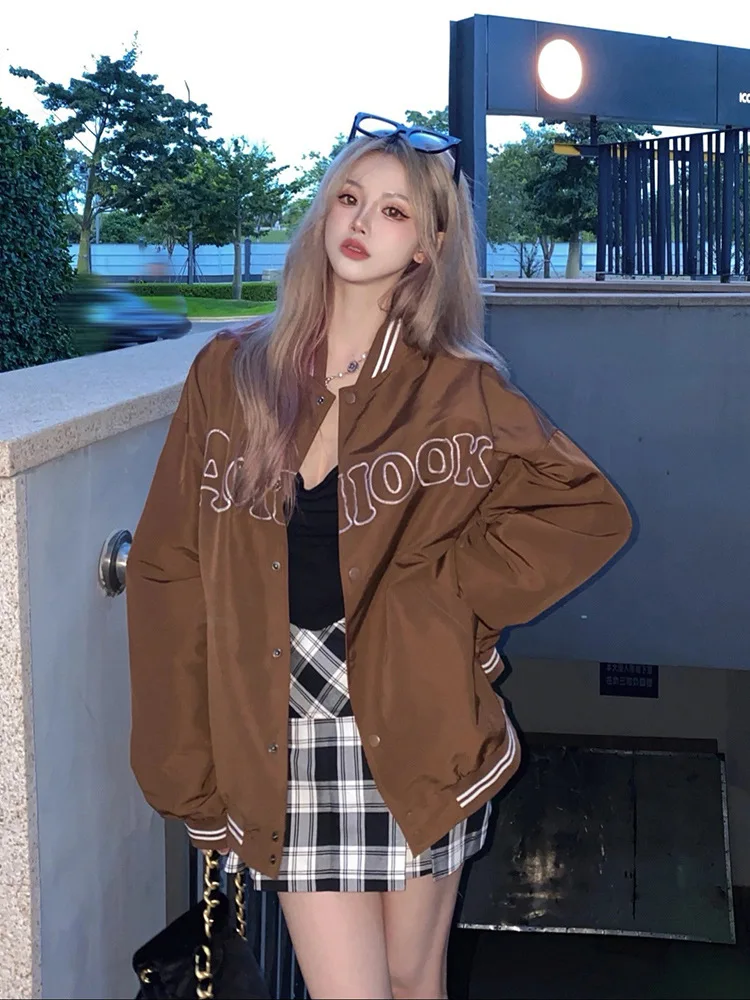 

ZOUXO Vintage Jacket Women American Style Retro Baseball Uniform Spring and Autumn Thin Loose Versatile Letter Print Jacket