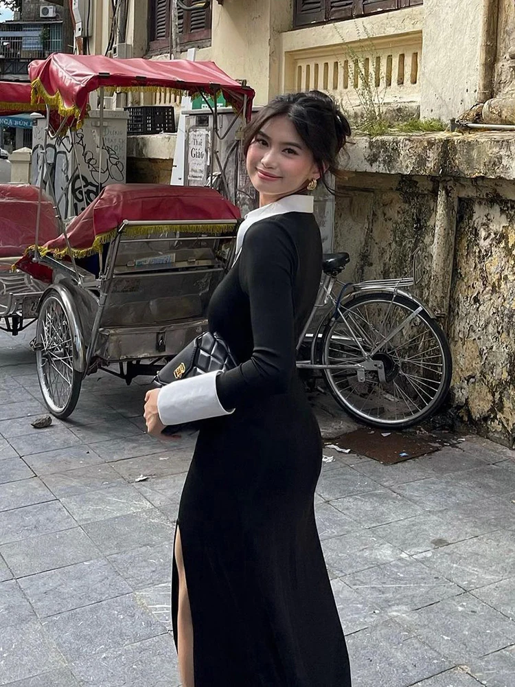 Nibber Polo Collar Maxi Dress Women Bandage Long Tassels Patchwork Long Sleeve Skinny Office Elegant Hipster Banquet Vestidos