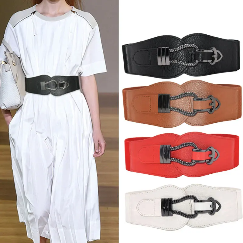 

Fashion Women Wide Belt Gold Black Metal Buckle Waistbands Leather Elastic Belts Solid Color Waist Seal Dress Accessories