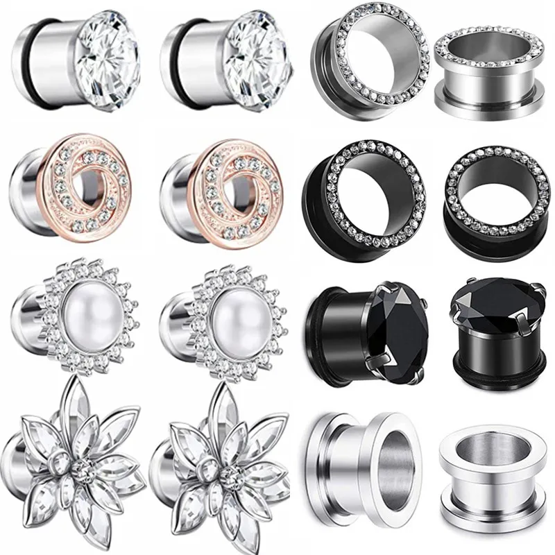 

6/8/12PCS Set Stainless Steel Ear Gauge Set Crystal Ear Tunnel Plug Lot Zircon Ear Gauge Plug Set Piercing Oreja Dilatacione Lot