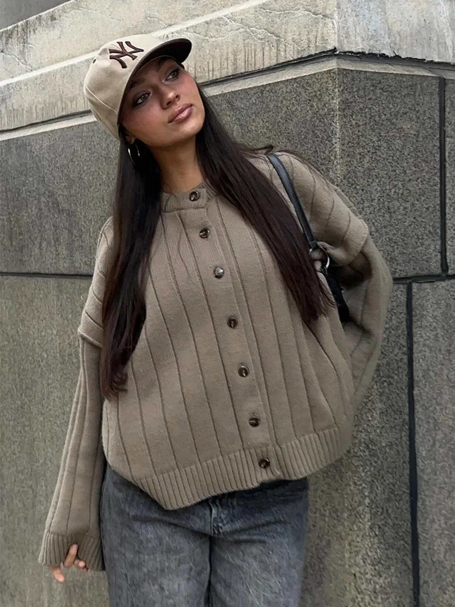 Bornladies Women's New Knit O-Neck Cardigan Soft Fabric Long Sleeve Button Front Loose Autumn Winter Casual Staple Sweaters