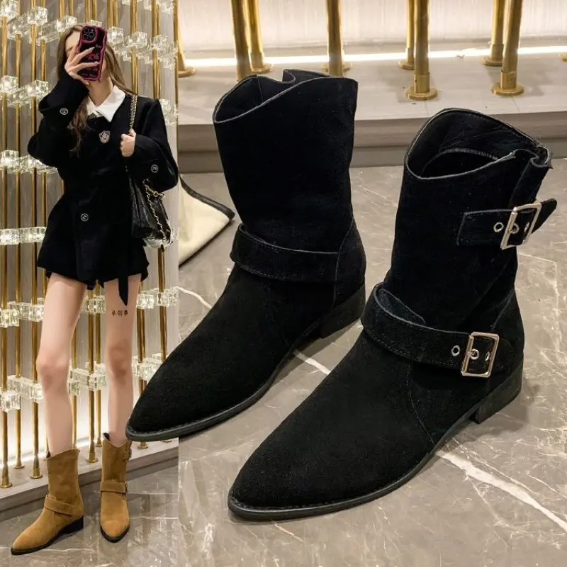 NEW Shoes Female 2024 High Quality Slip-on Square Heel Boots Autumn Fashion Women's Boots Pointed Women's Single Shoes Fashion