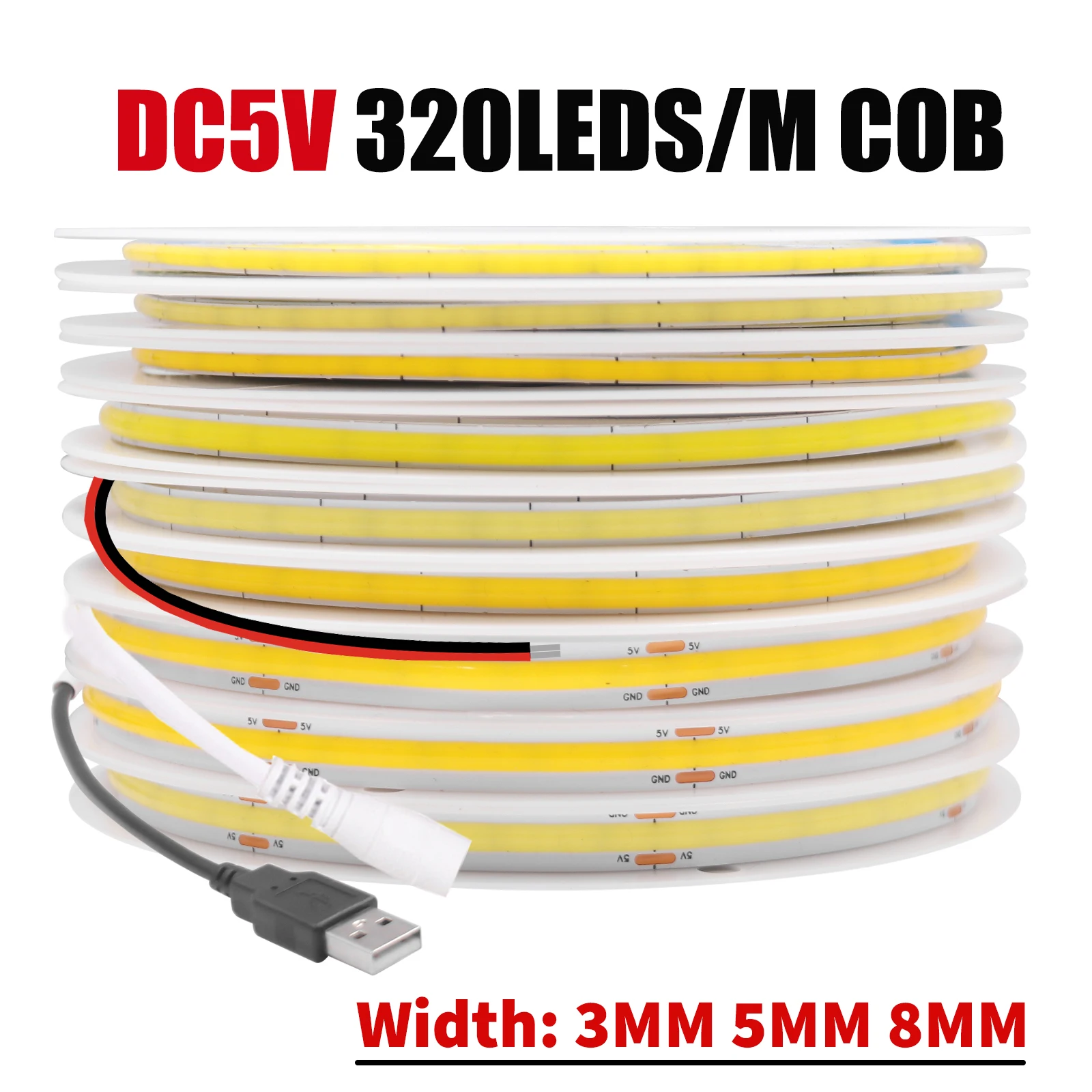 

DC 5V COB LED Strip 320Leds/M Width 3MM 5MM 8MM Flexible COB Light Bar High Density Linear Lighting 3000K 4000K 6000K White
