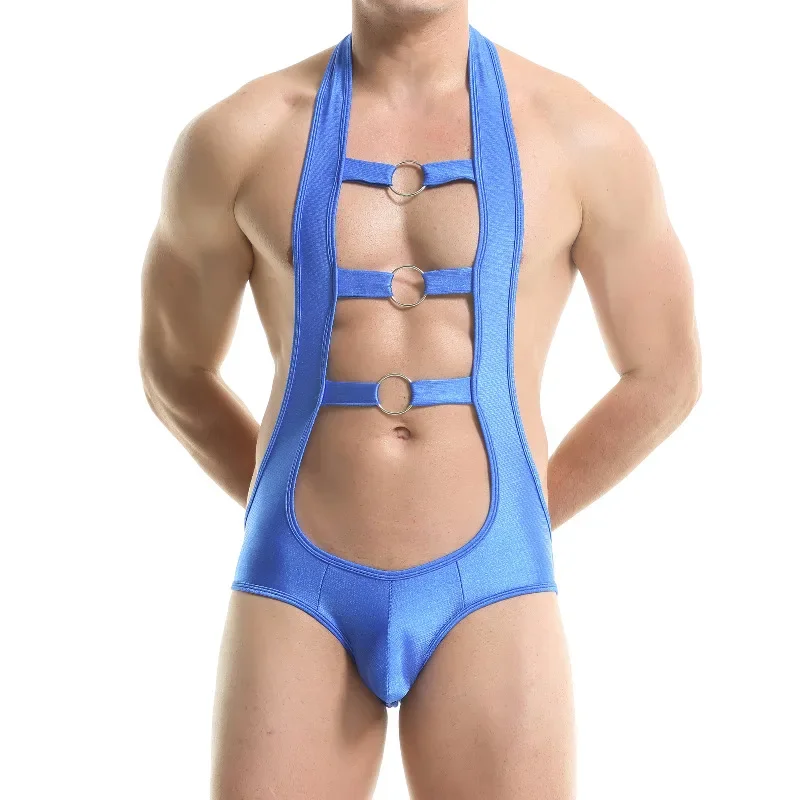 Mens Sexy Open Butt Bodysuit Wrestling Singlet Hollow Out Halter-neck Jumpsuit Nightwear Jockstrap Rompers Gay Erotic Underwear
