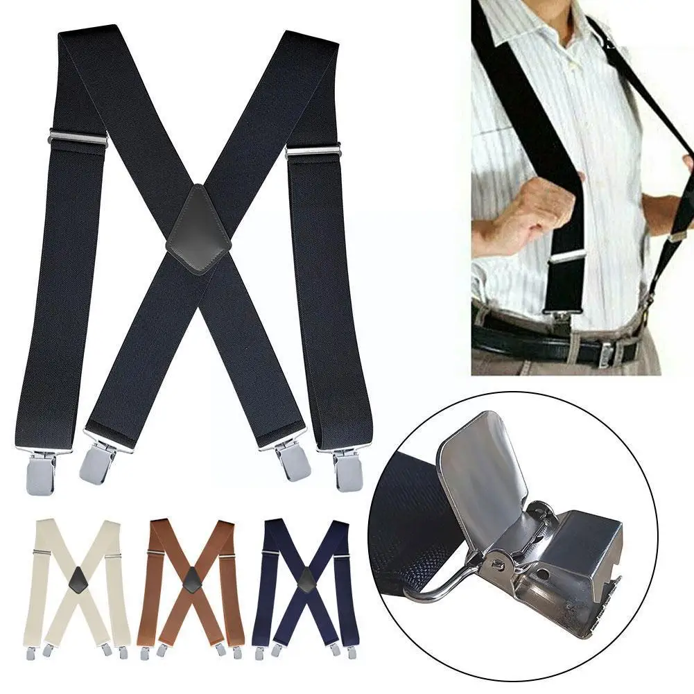 

50mm Wide Men Suspenders High Elastic Adjustable 4 Trousers X Back Heavy Duty Suspender Strong Braces Clips G6V1