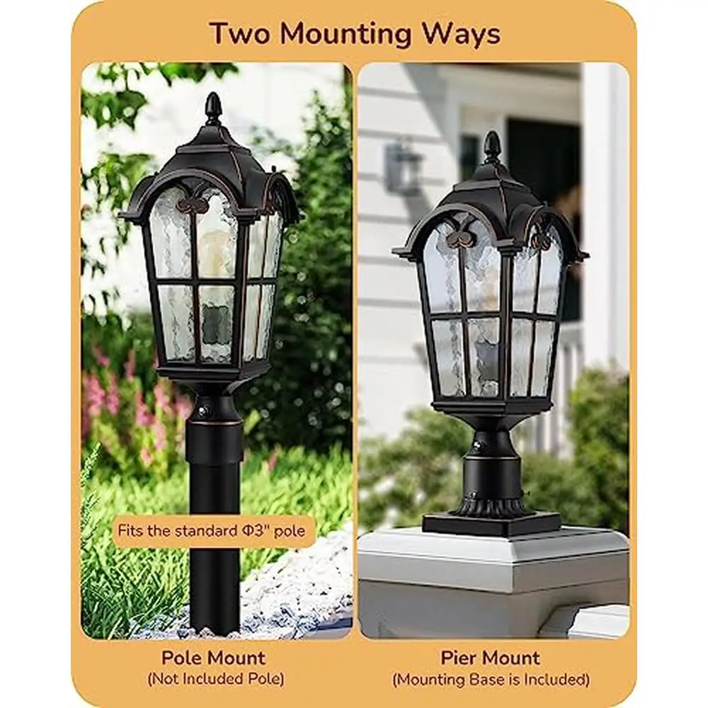 Dusk-to-Dawn Outdoor Post Light Fixture 22" Waterproof With Pier Mount Base Vintage Style Aluminum Glass Pole Lantern Hardwired