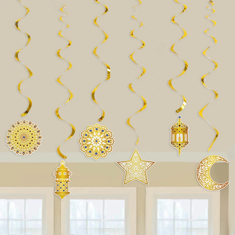 

6pcs/set EID Mubarak Decoration Swirl Banner Star Moon Ceiling Hanging Ornament Ramadan Kareem Islam Muslim Party Supplies 2024