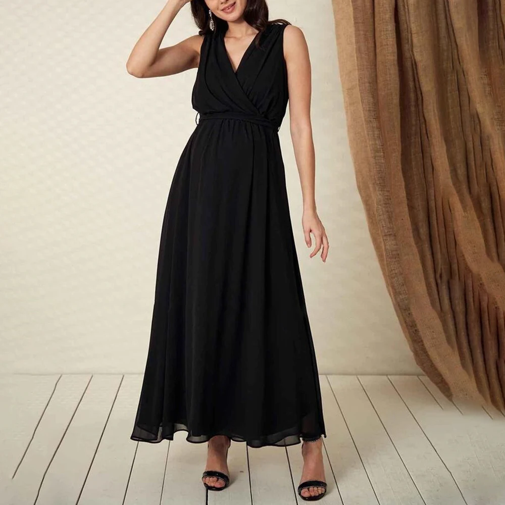

2022 High Quality Summer Elegant Dresses For Women Sexy Deep V Sleeveless Chiffon Slim Waist Ladies Maxi Dress Daily Casual