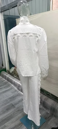 여성용 섹시한 할로우 아웃 투피스 바지 세트, 스탠드 칼라 랜턴 소매 셔츠 바지 정장, 캐주얼 투피스 의상, 가을 의류 5