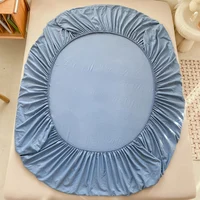 Simple Solid Color Blue Fitted Sheet Set 3Pcs Japanese Style Mattress Cover Skin-friendly Breathable Queen Size Bedding Set 6