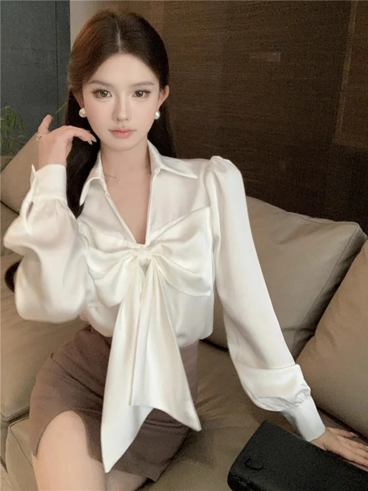 

Elegant Bowtie White Shirt for Women Autumn 2023 New Chic Design Versatile Long Sleeve Tops OL Style Bottom Blouse Blusas Mujer