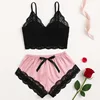 Ensemble pyjama en satin pour femmes, haut en dentelle et short, lingerie sexy, vêtements de nuit 2 pièces, vêtements de nuit respirants d'été, noir et rose