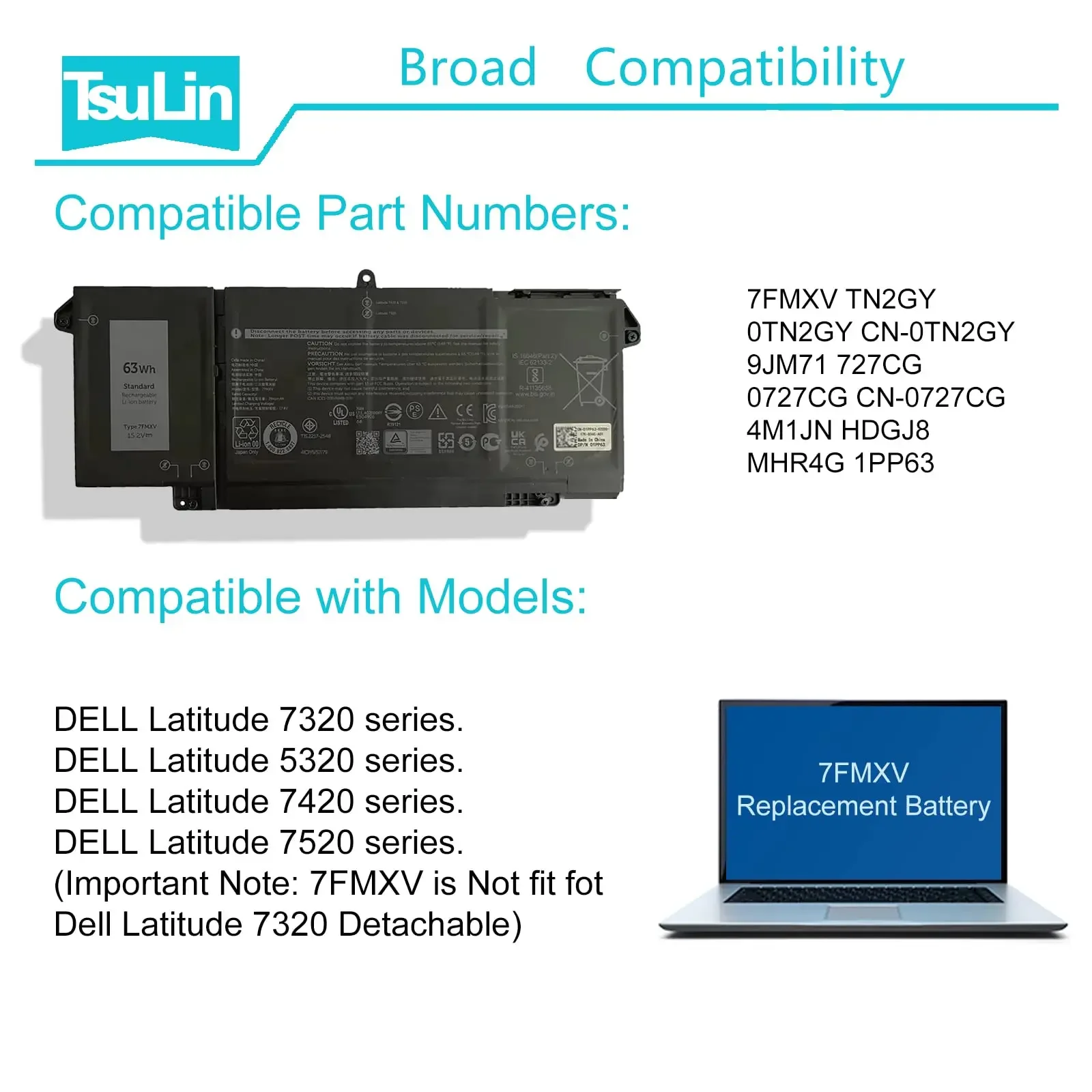 7FMXV ノートパソコンのバッテリー Dell Latitude 5320 7320 7420 7520