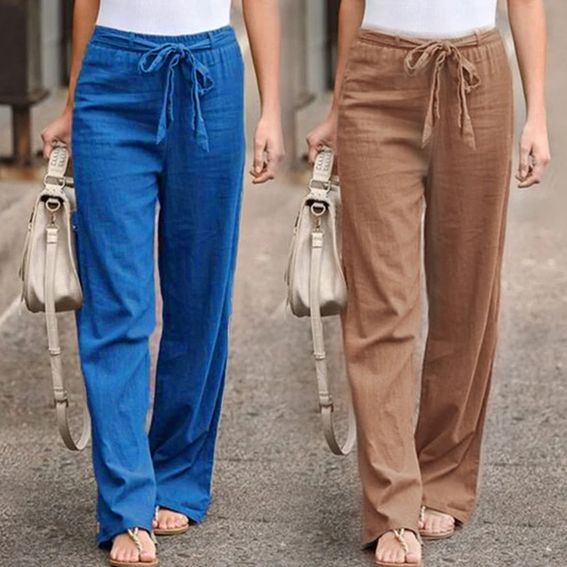 

Women's Cotton Hemp Pants 2023 Summer Solid Elastic Waist Loose Straight Leg Pants Women's High Waist Wide Leg Pants