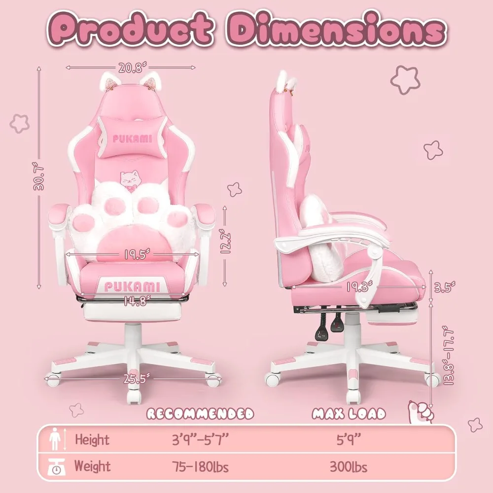 Pink Gaming Chair Cute with Cat Ears and Cat Paw Lumbar Cushion, Ergonomic Computer Chair for Girl with Footrest and Headrest, 2