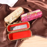 Portable Mini Makeup Silk Box Retro Flower Design Iron Clip Lipstick Case Holder With Mirror Ring Necklace Earring Storage 1