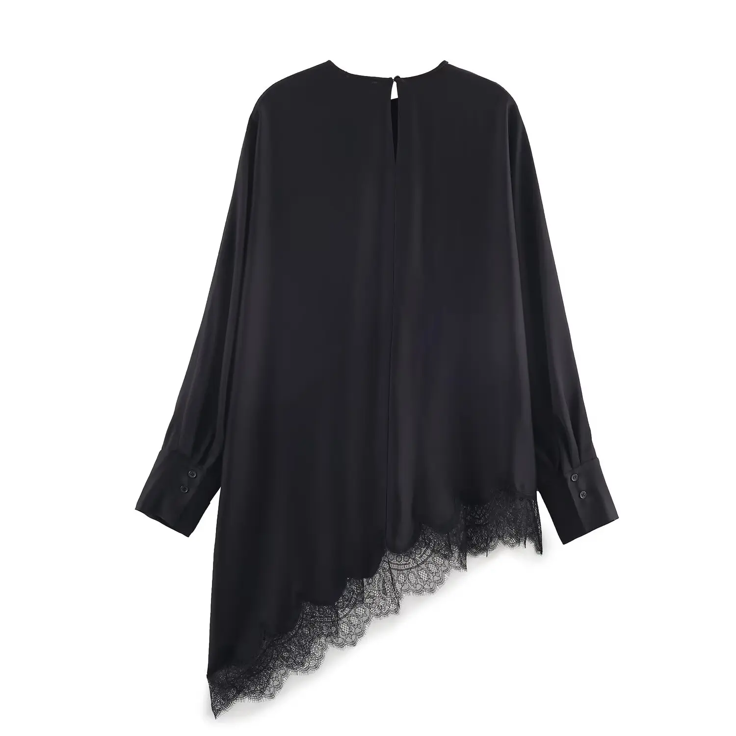 Women's Spring Elegant O-Neck Blouses Female Long Sleeved Solid Asymmtrical Lace Hem Shirts Fashion Chic Ladies Temperament Tops