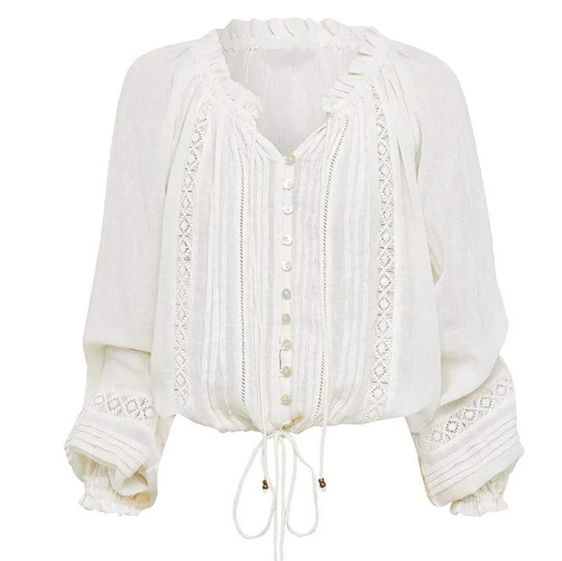 

100%Cotton Blouse 2022 Spring Summer White Shirts Women Hollow Out Embroidery Drawstring Waist Long Sleeve Loose Shirts Casual