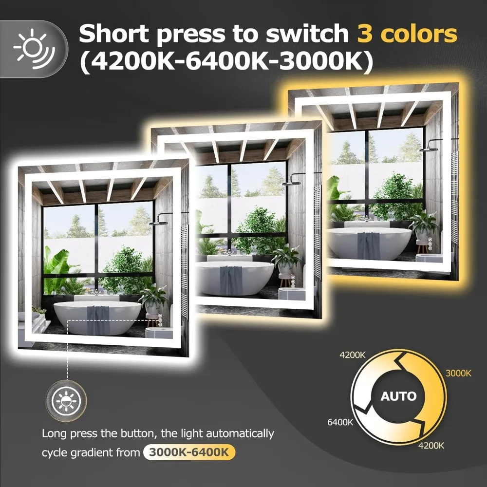 LED Bathroom Mirror Lights 36"x 36" Wall Vanity LED Stepless Dimmable,Double Front and Backlight,Anti-Fog,Memory Smart Mirror