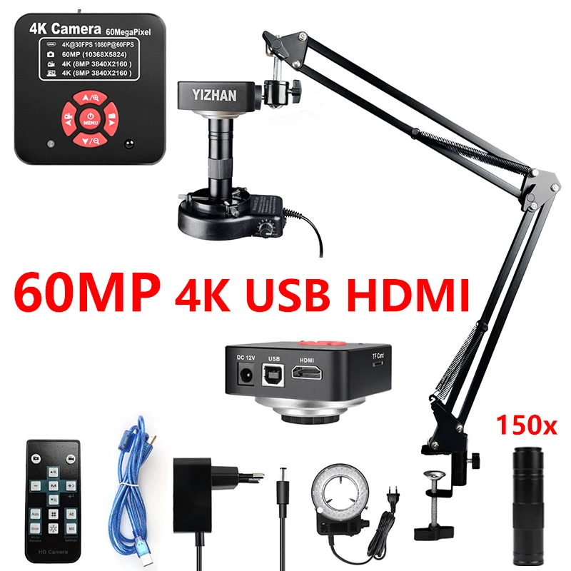 Videocamera HDMI USB 60MP 2K 1080P Per Microscopio | Obiettivo 120X C-Mount + Luce Anello 56 LED Regolabile | Blu