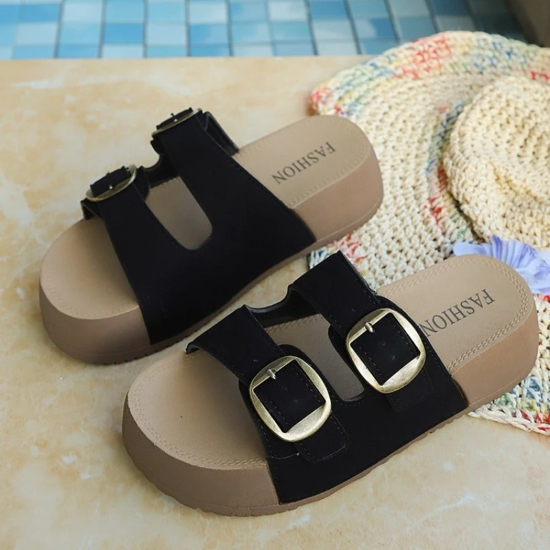 Damen-Slipper aus natürlichem, echtem Rindsleder, 6 cm dick, mit Schnalle, klassisch, bequem, modische Sandalen, neues Design, Sommerschuhe – Detail 10