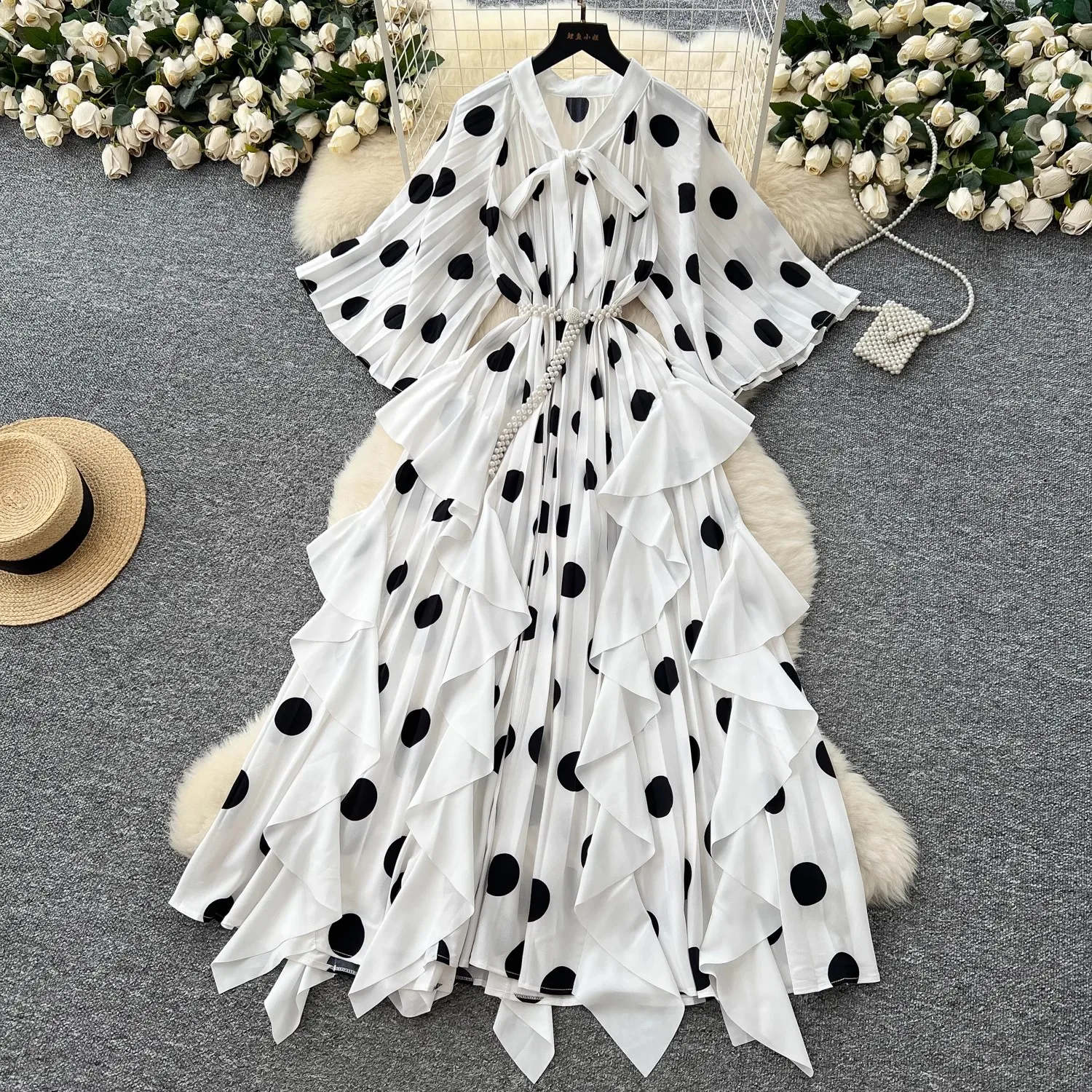 Summer Miyake Irregular Pleated Dress Women's Bow Neck Batwing Sleeve Dot  Print Oversize Pearl Belt Lace Up Maxi Vestidos - AliExpress 200000345