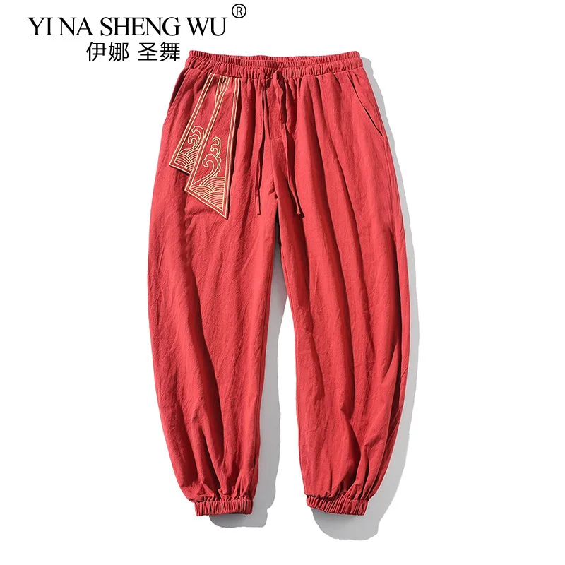 Kimono Men Cotton Linen Japanese Retro Samurai Costume Ukiyo-e Print Belt Harem Pants Mens Hip Hop Harajuku Haori Baggy Trousers