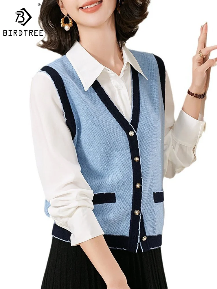 

Birdtree 100%Pure Wool Knit Vest, V-Neck Sleeveless Contrasting Colors Sweater, Elegant Fashion Cardigan, 2024 Spring T41075QM