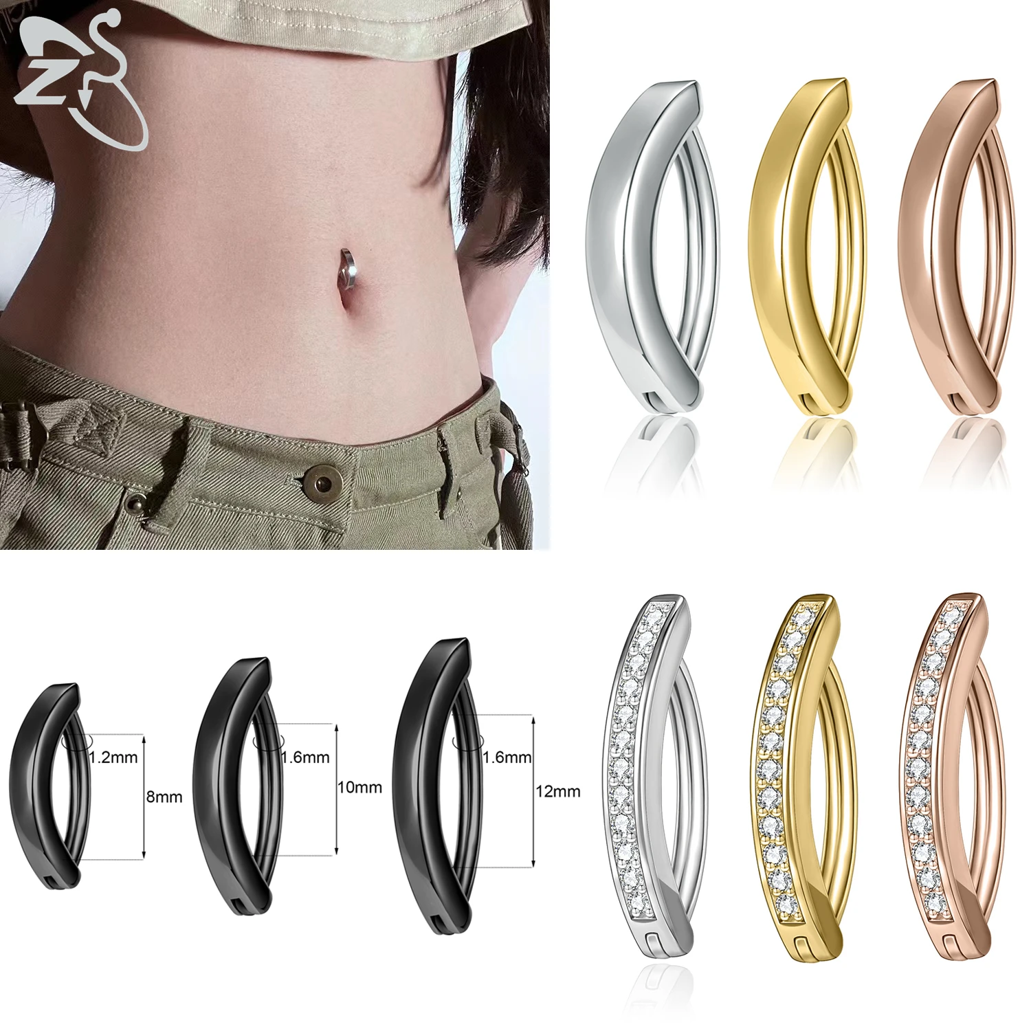 

ZS 1 PC 14G Stainless Steel Clicker Belly Button Ring For Women Gold Color Reverse Curved Navel Barbell Body Jewelry 8/10/12MM