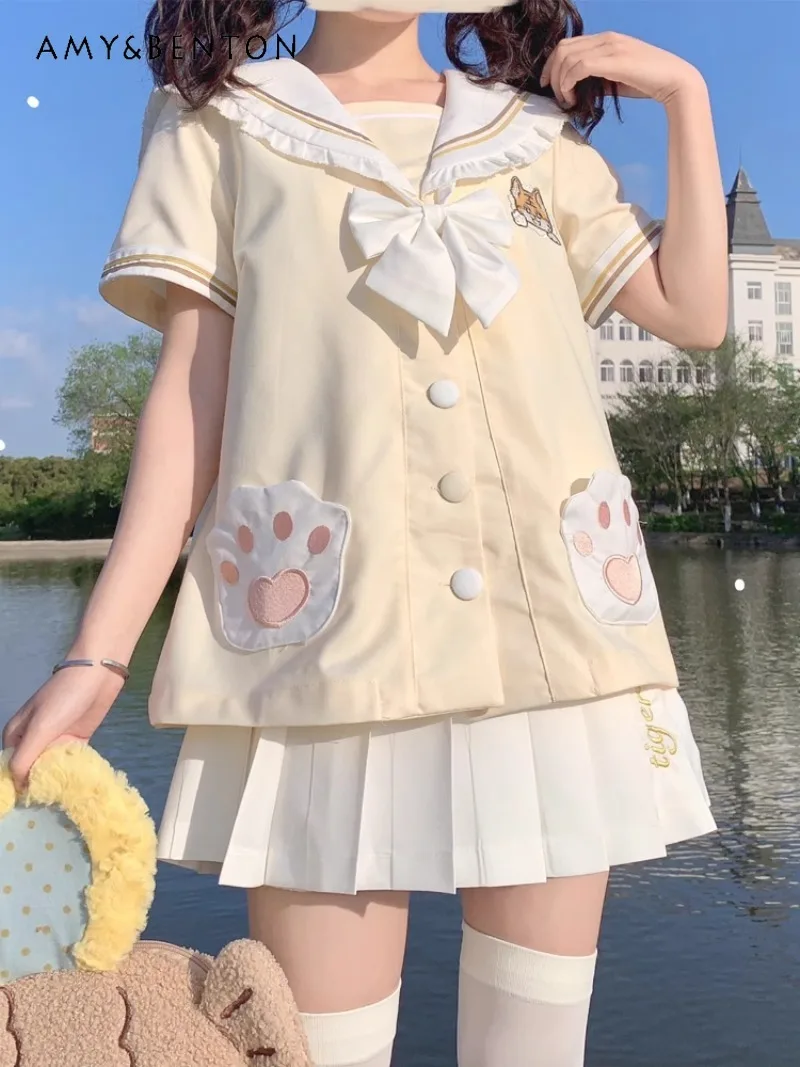 2024 Spring Summer Japanese JK Uniform Sailor Outfit Sweet Cute Student Yellow Short Sleeves Top White Skirt Cartoon 2 Piece Set