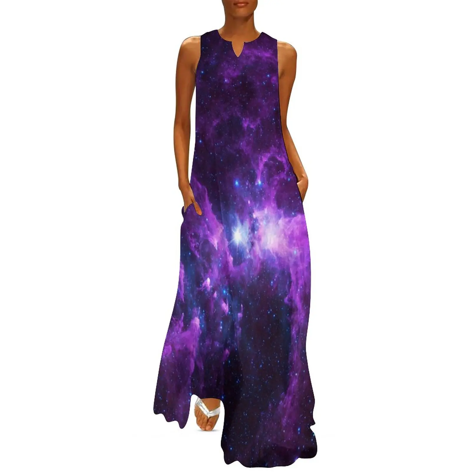 

Purple Galaxy Dress Colorful Print Elegant Maxi Dress V Neck Pattern Casual Long Dresses Aesthetic Oversize Clothing